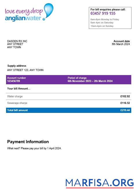 Blank USA Anglian water business utility bill Word and PDF template